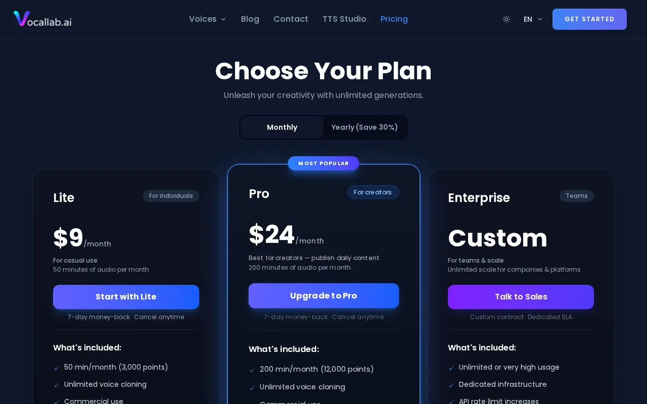 Vocallab AI — pricing page