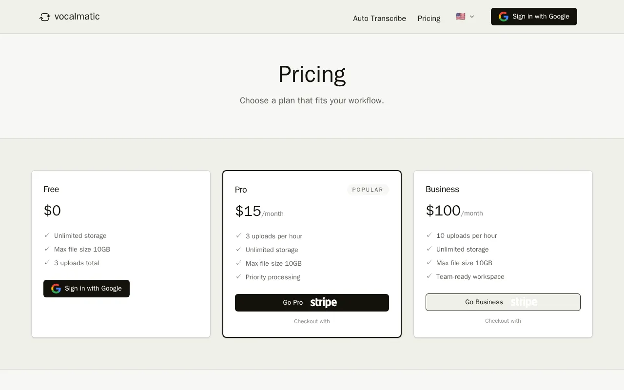 Vocalmatic — pricing page