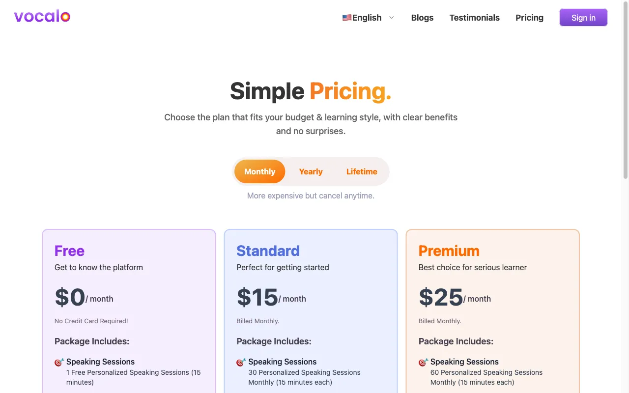 Vocalo — pricing page