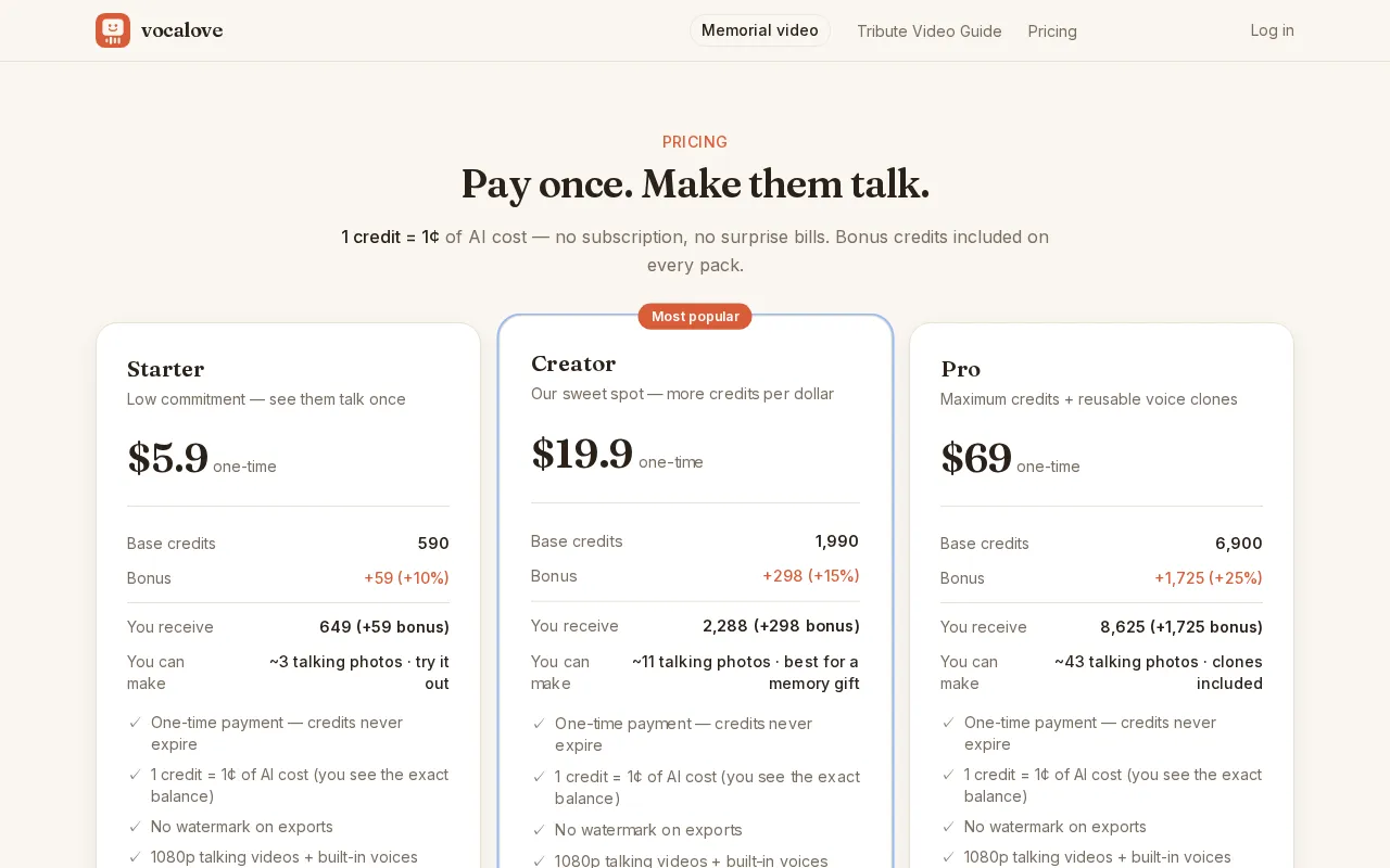 vocalove — pricing page
