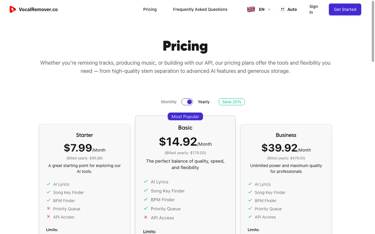 VocalRemover.co — pricing page