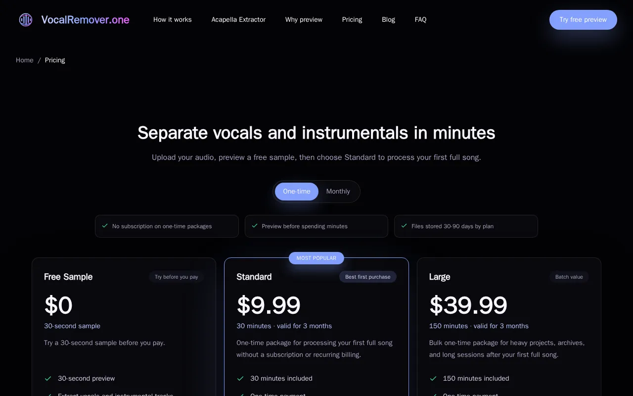 VocalRemover.one — pricing page