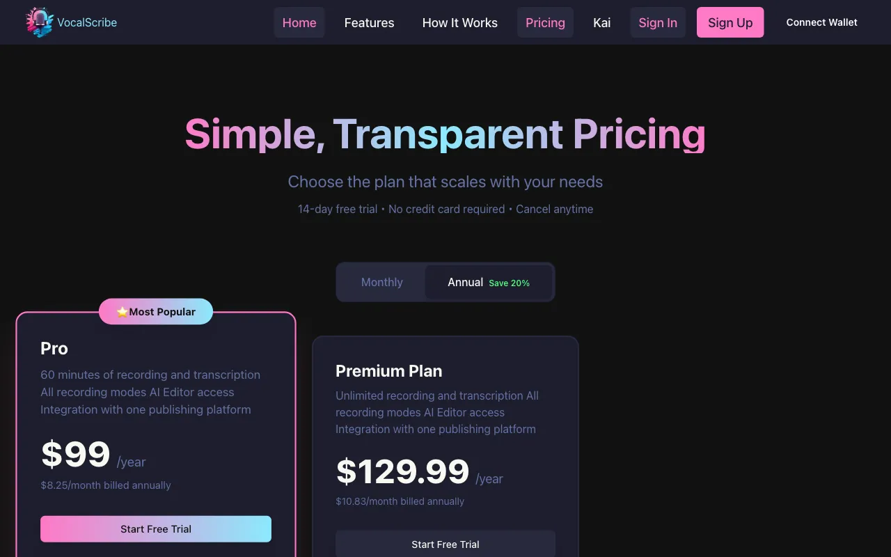 VocalScribe — pricing page