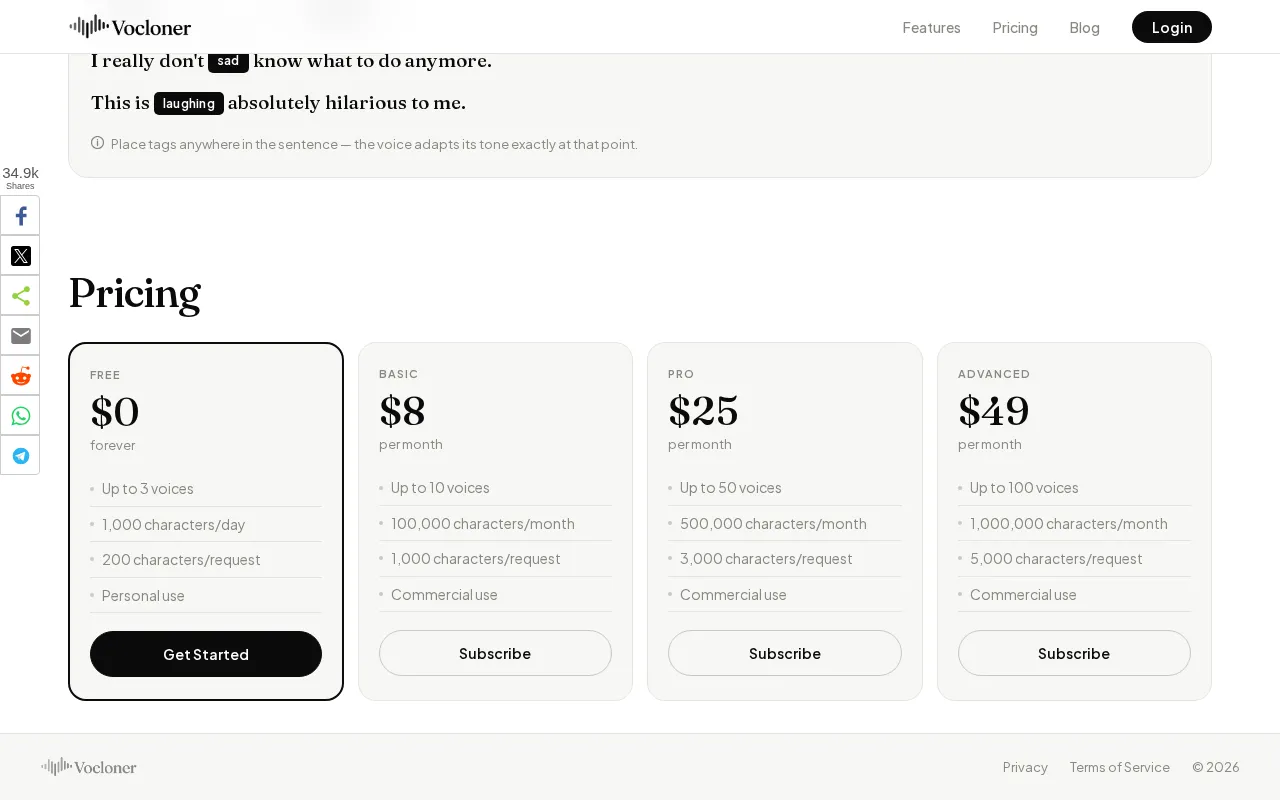 Vocloner — pricing page