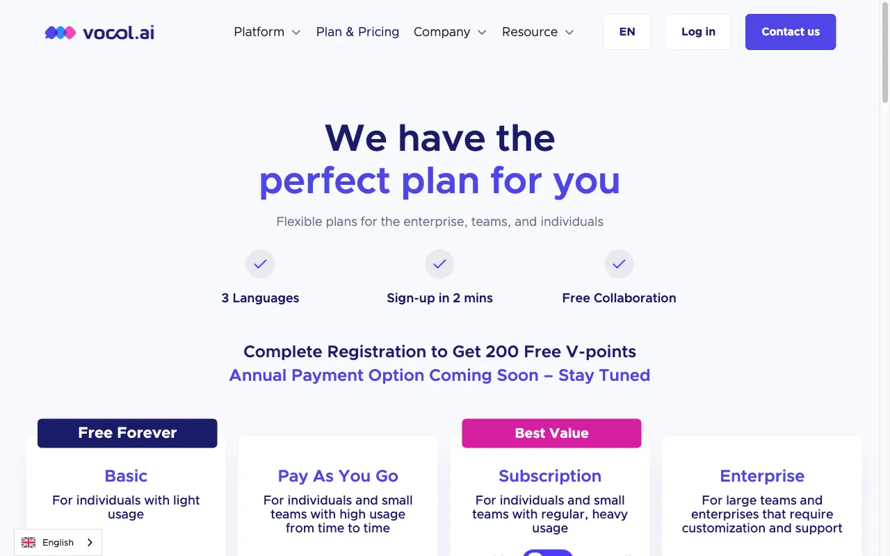 Vocol.AI — pricing page