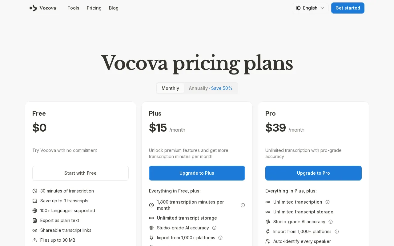 Vocova — pricing page