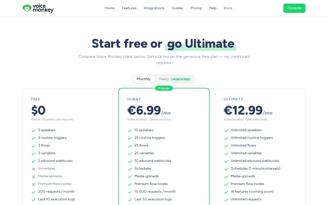Voice Monkey — pricing page