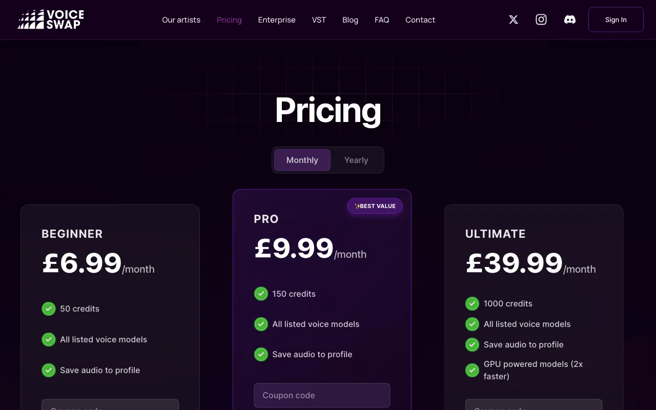 voice-swap.ai — pricing page