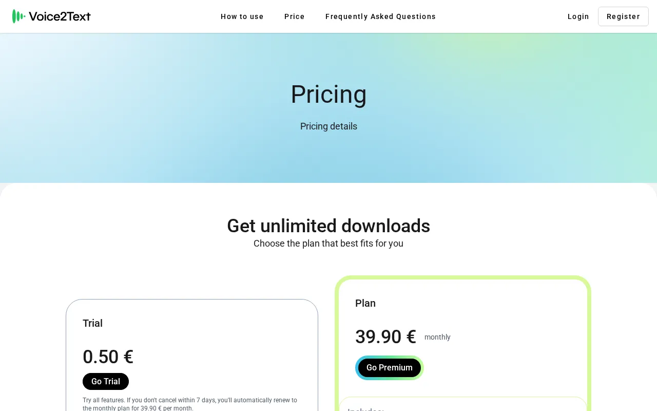Voice2Texts — pricing page