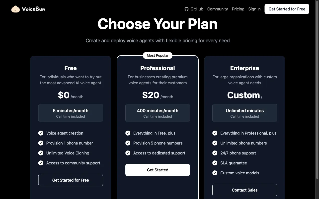 Voicebun — pricing page