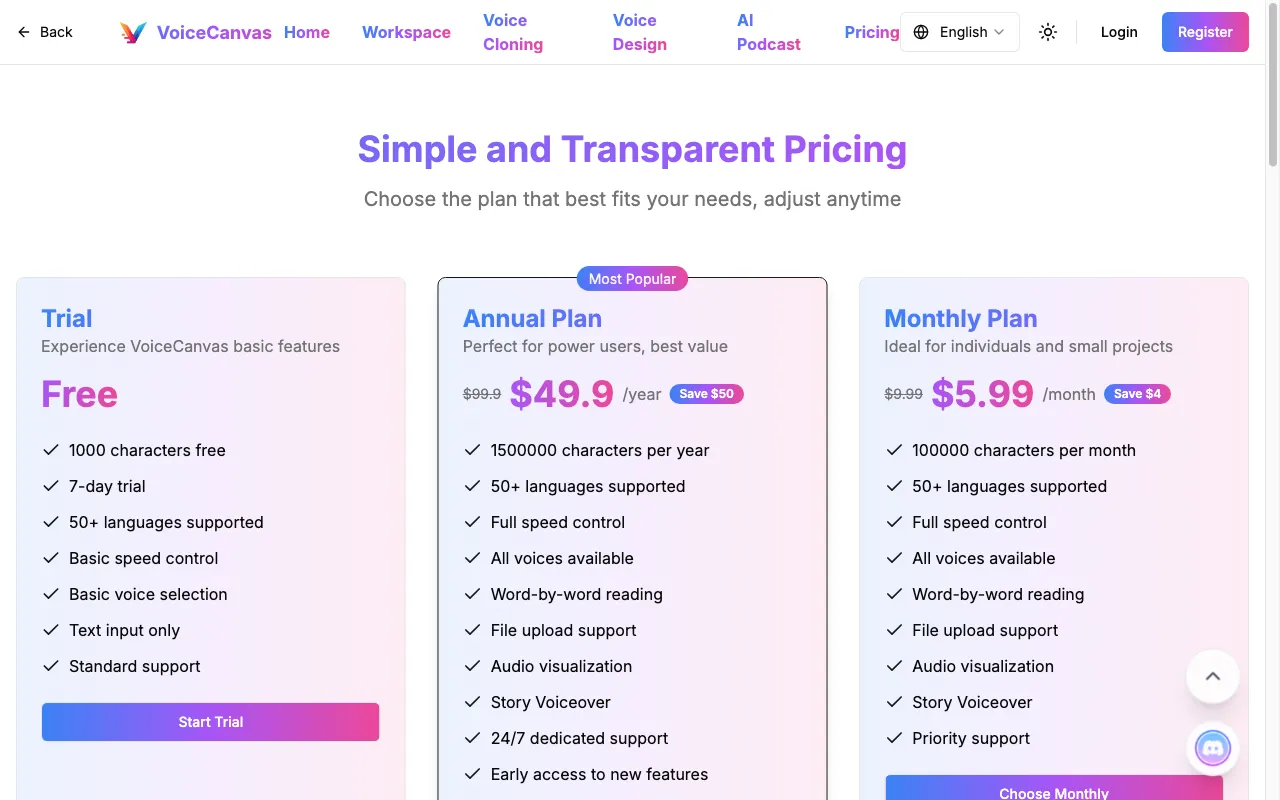 VoiceCanvas — pricing page