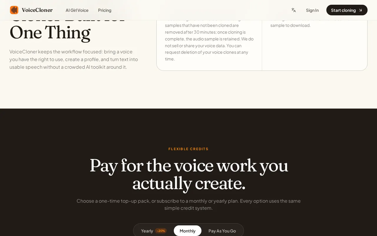 VoiceCloner — pricing page