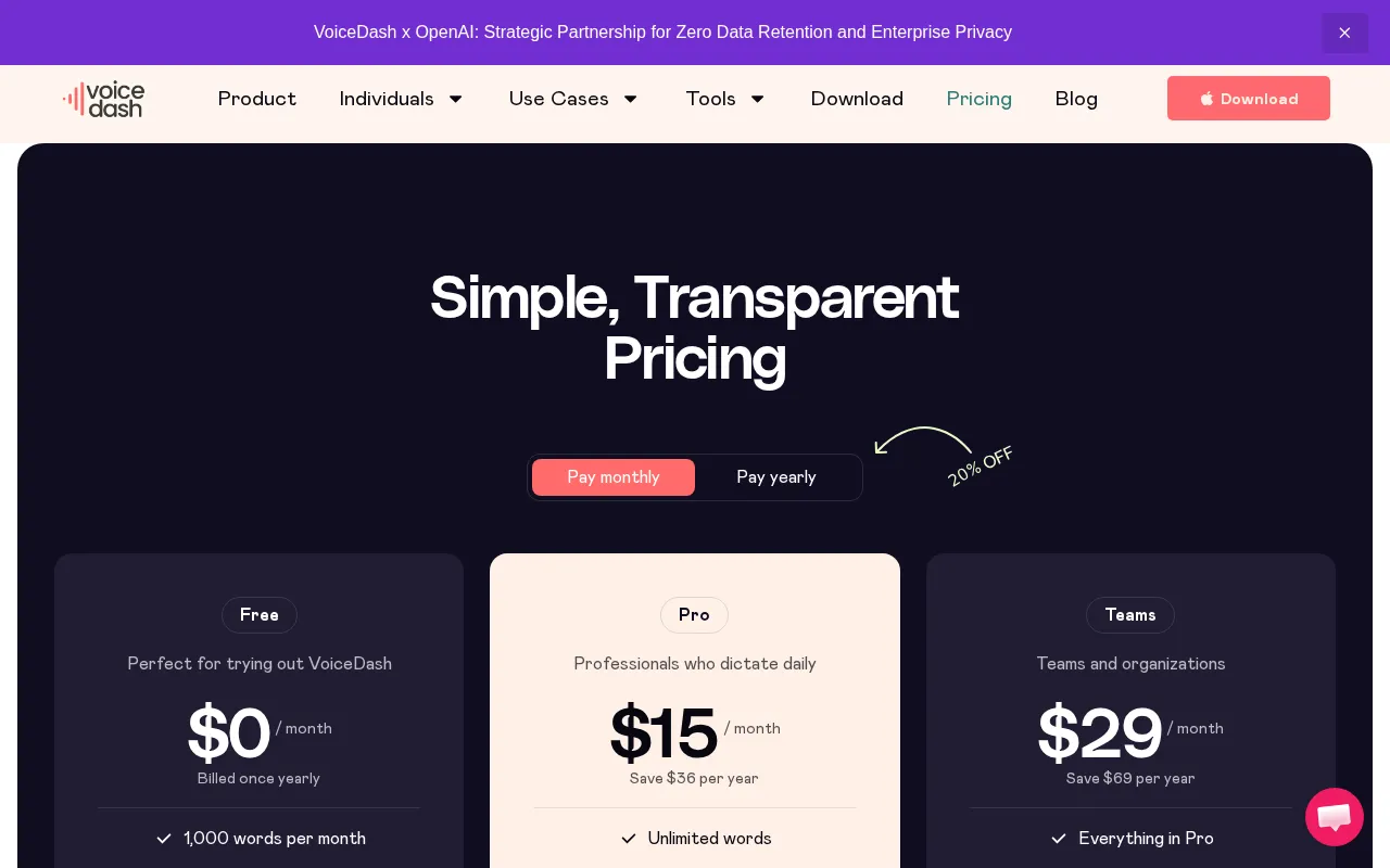 VoiceDash — pricing page