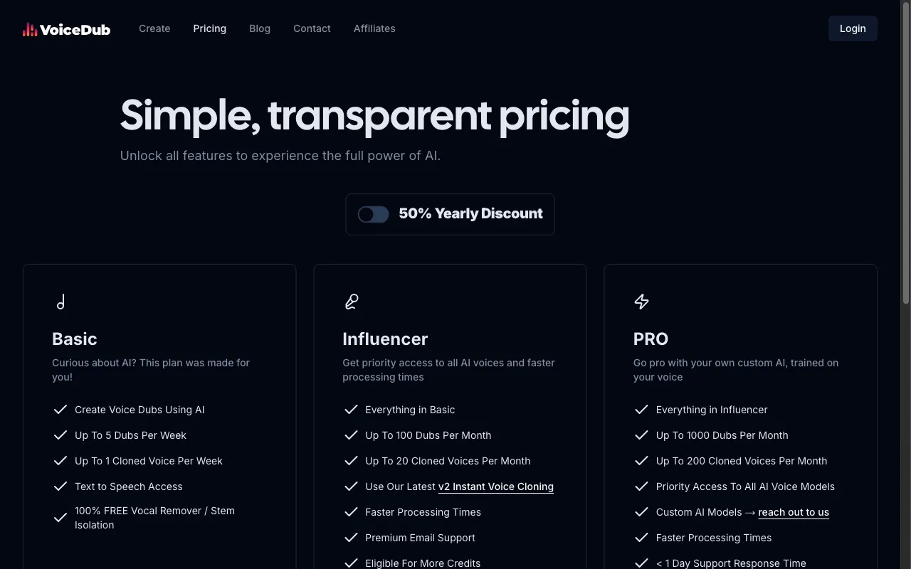 VoiceDub — pricing page