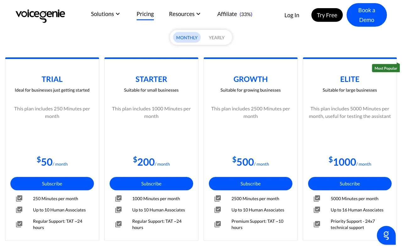 VoiceGenie — pricing page