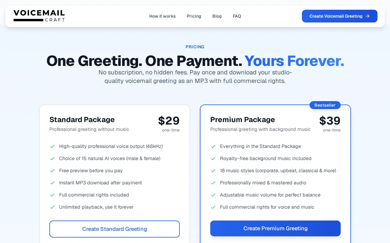 VoiceMailCraft — pricing page