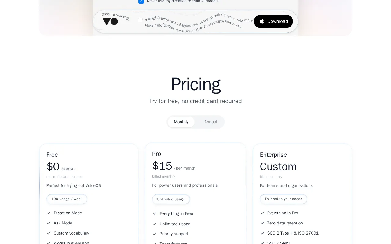 VoiceOS — pricing page