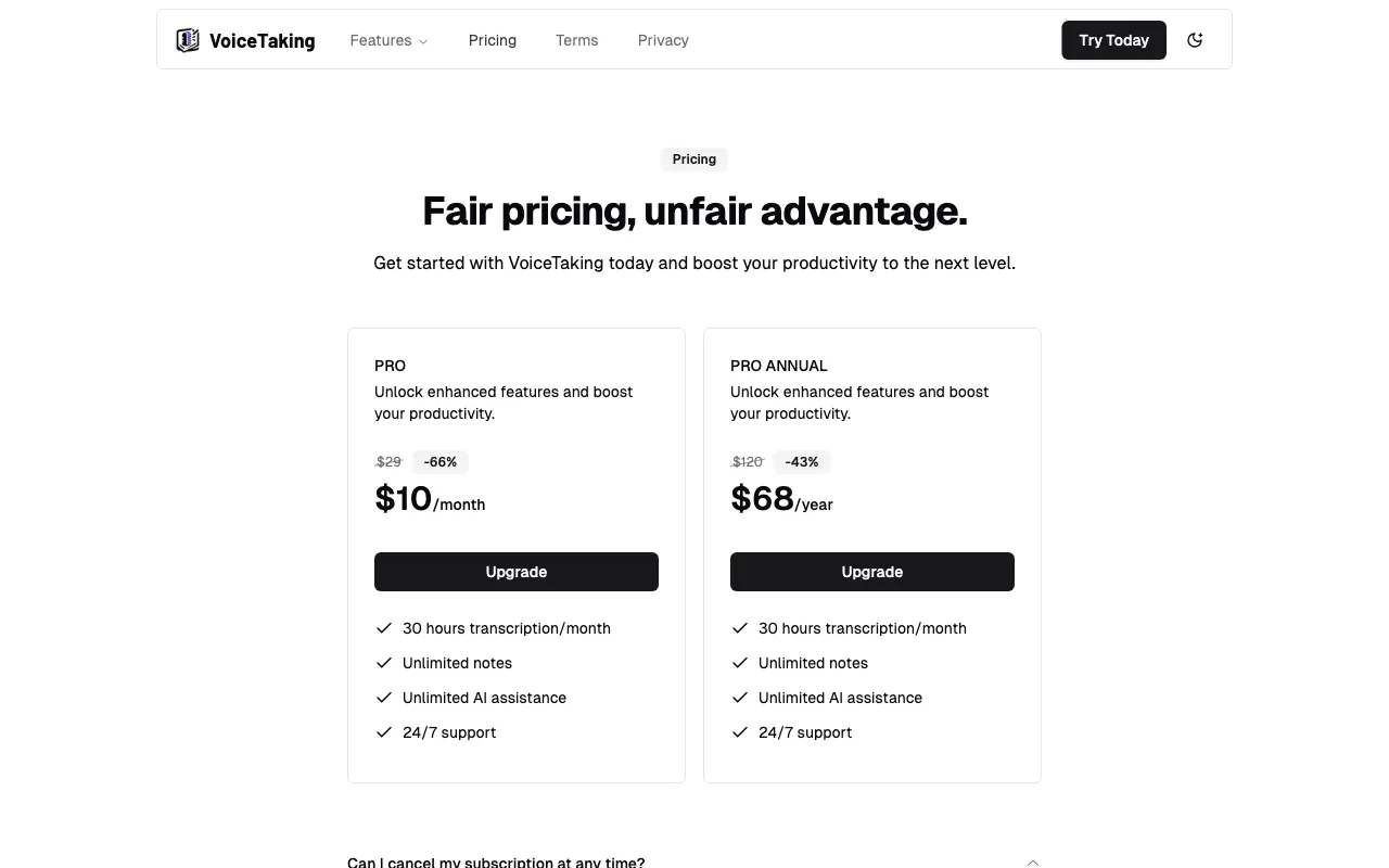 VoiceTaking — pricing page