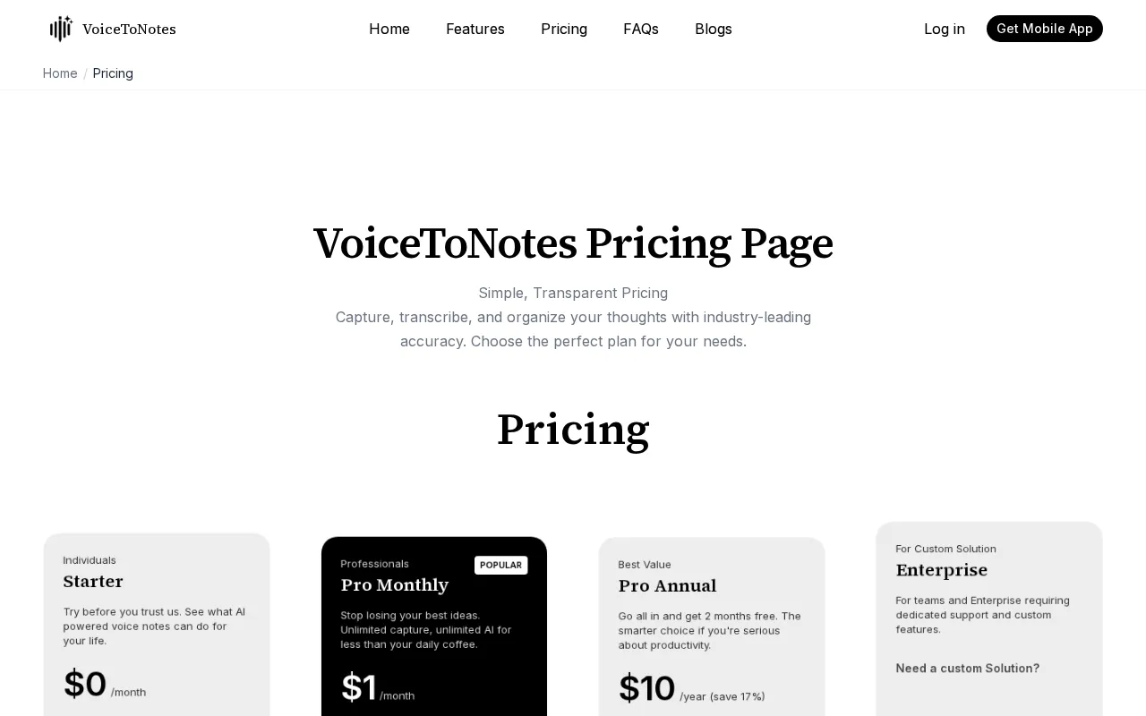 Voicetonotes — pricing page
