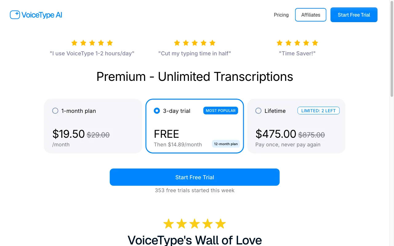 Voicetype AI — pricing page