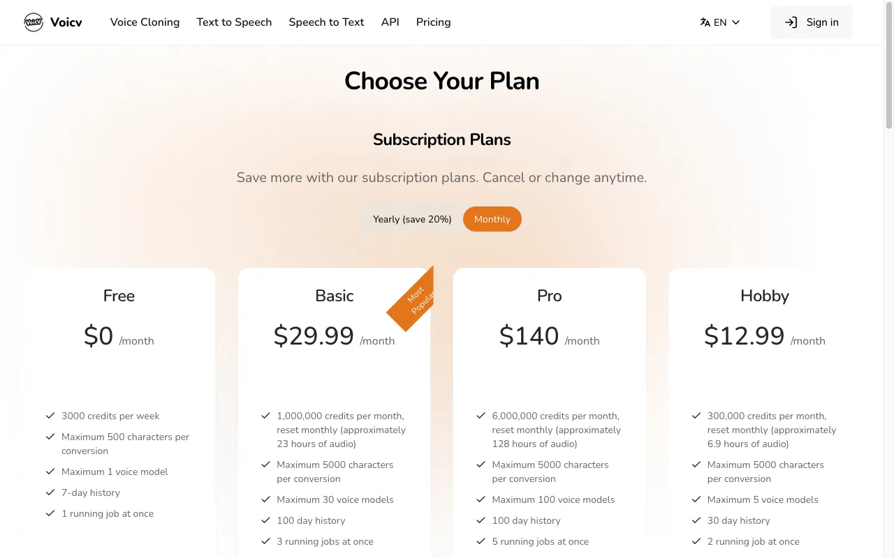 Voicv — pricing page