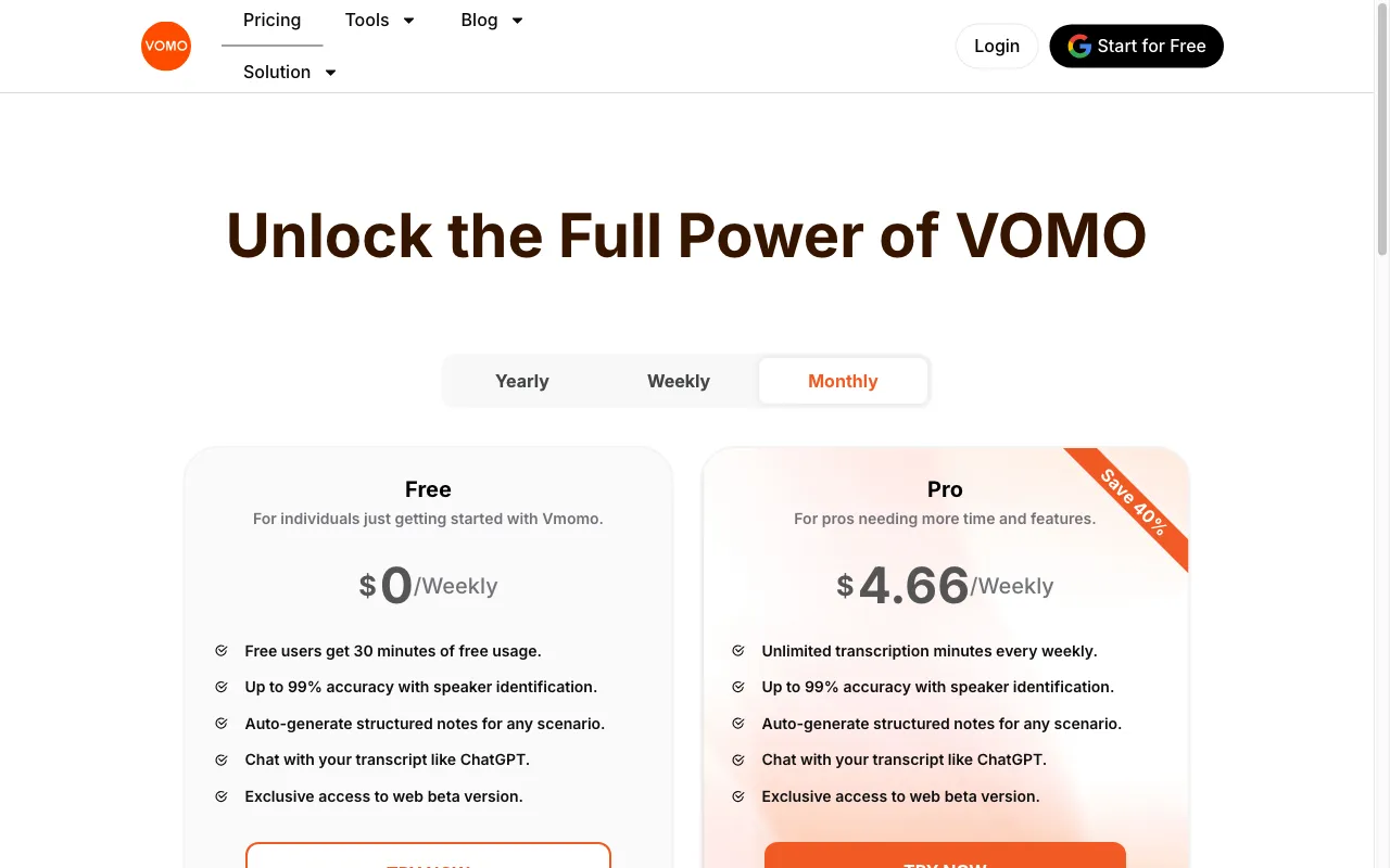 VOMO AI — pricing page