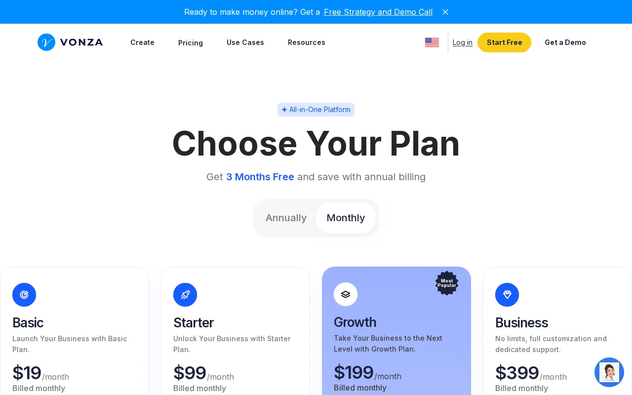 Vonza — pricing page