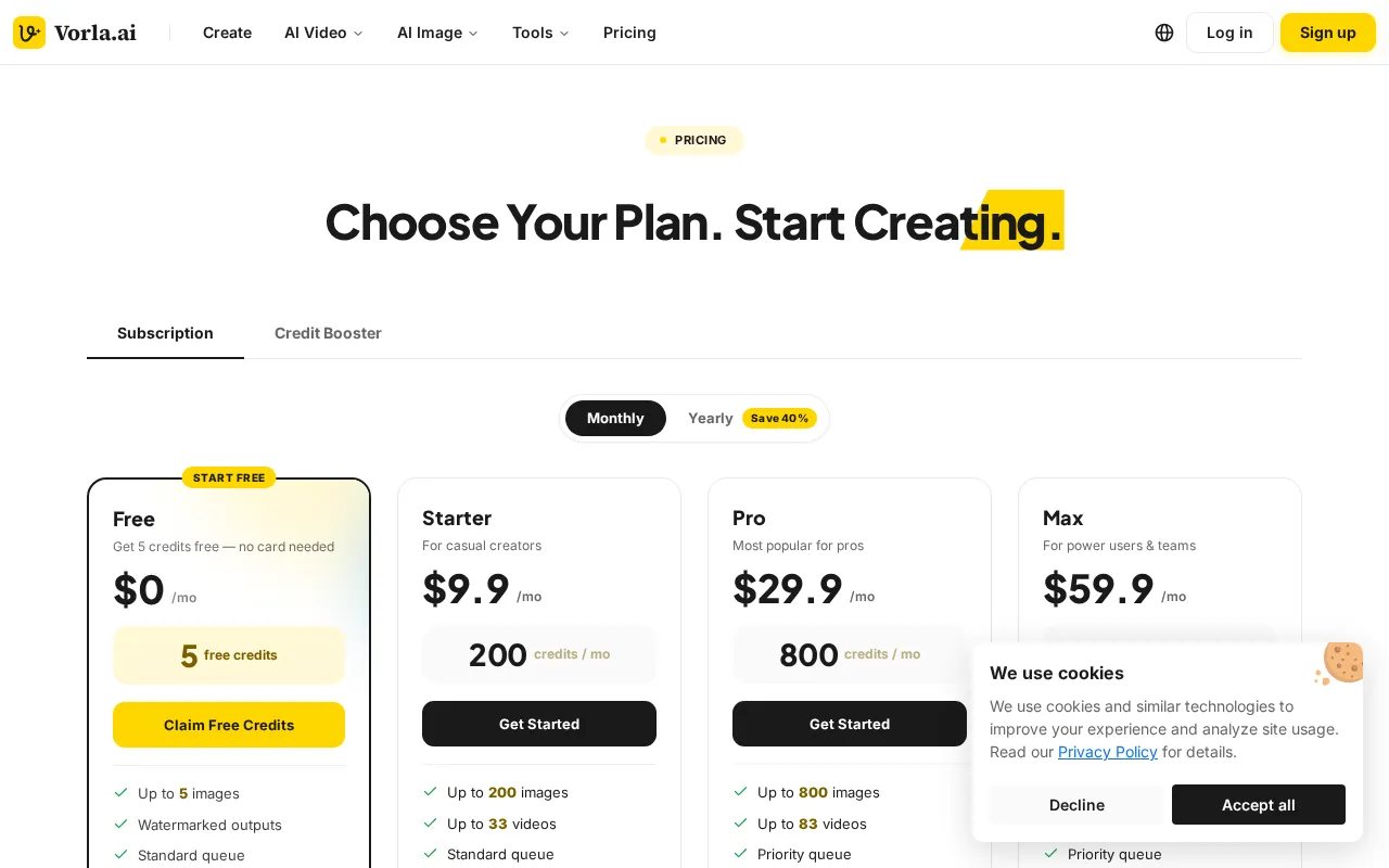 Vorla AI — pricing page