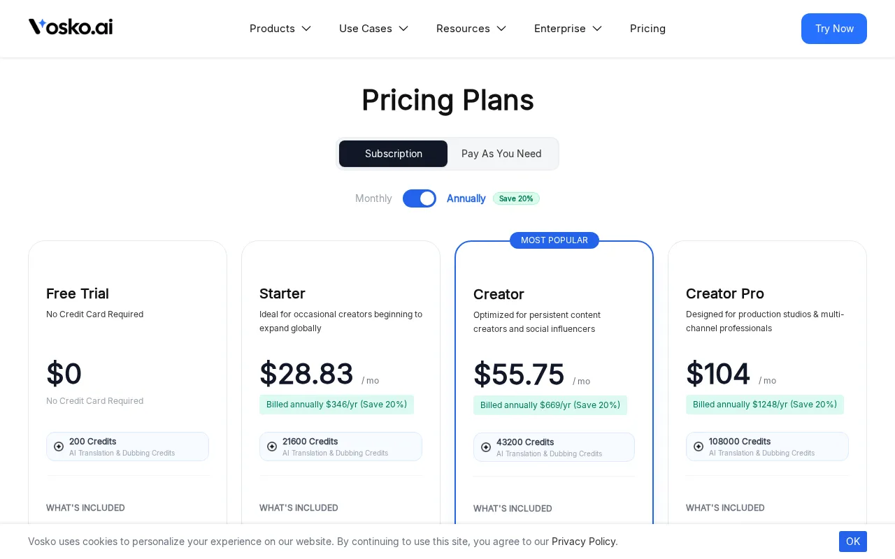 Vosko AI — pricing page