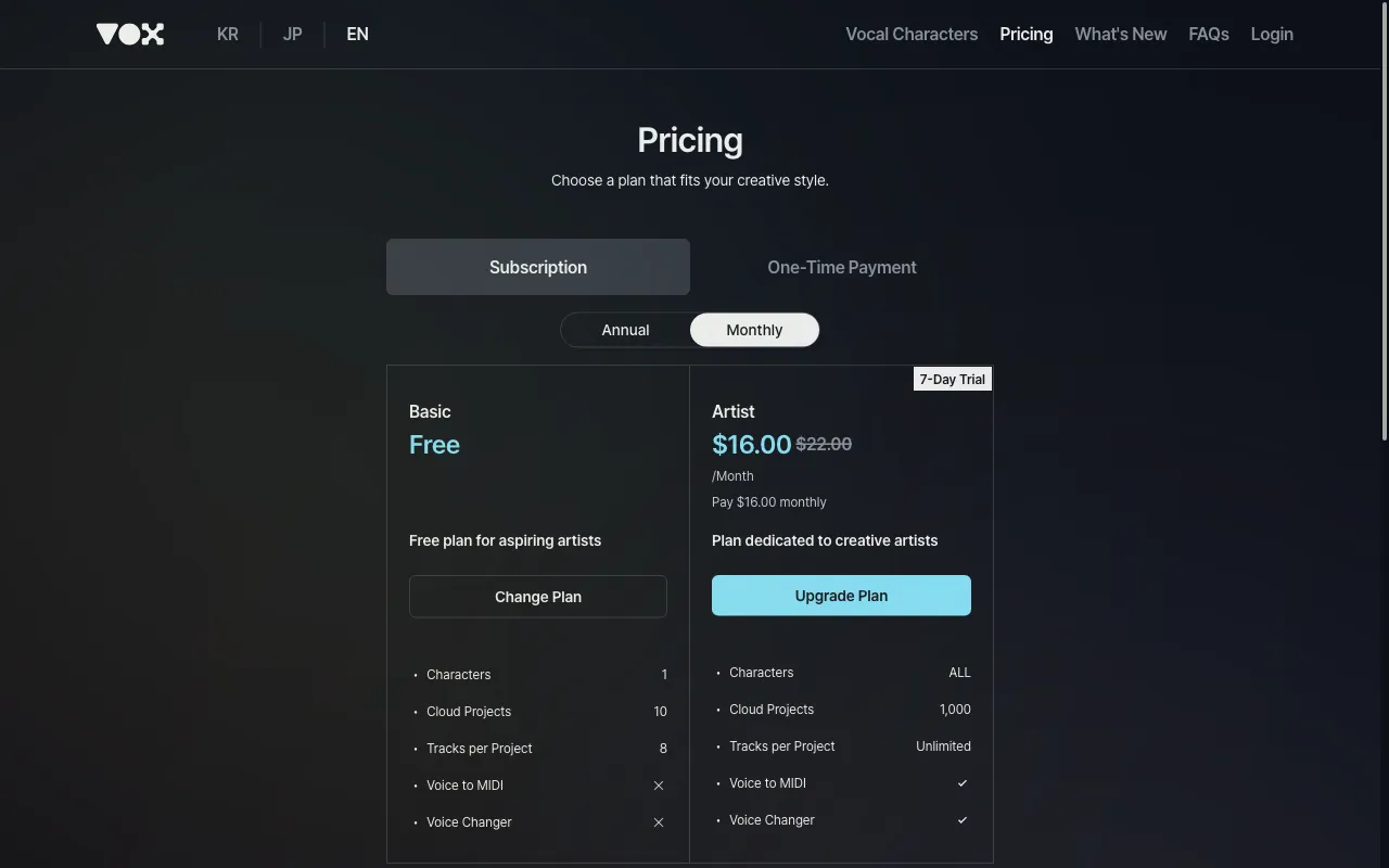 VOX Factory — pricing page