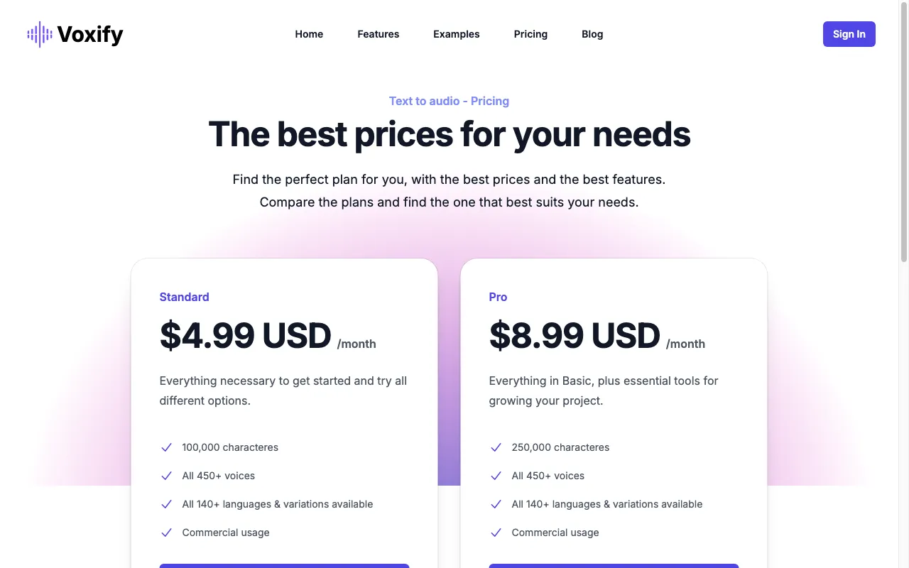Voxify — pricing page