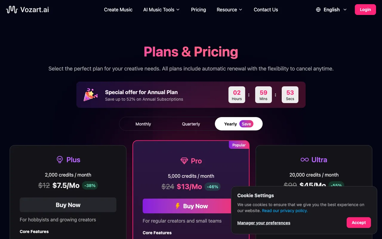 Vozart AI Music — pricing page