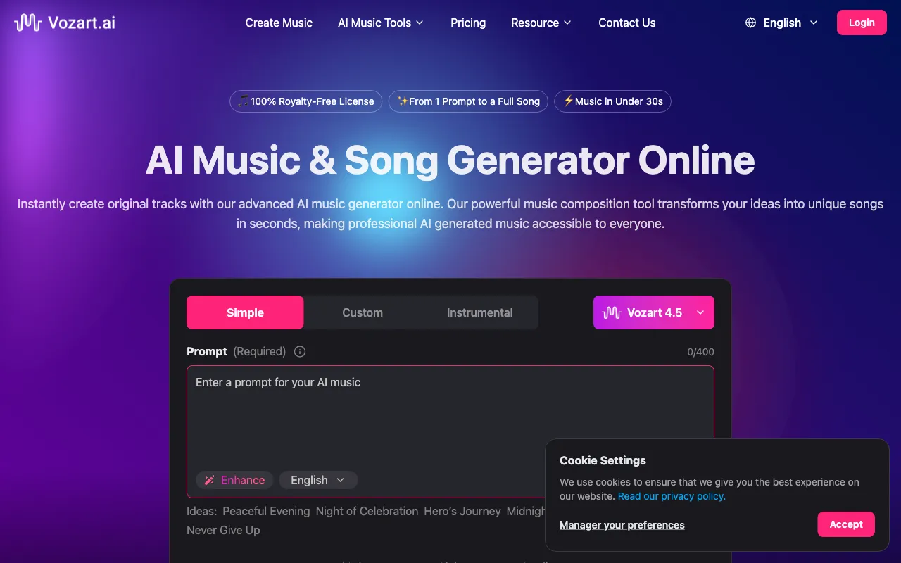 Vozart AI Music — preview screenshot