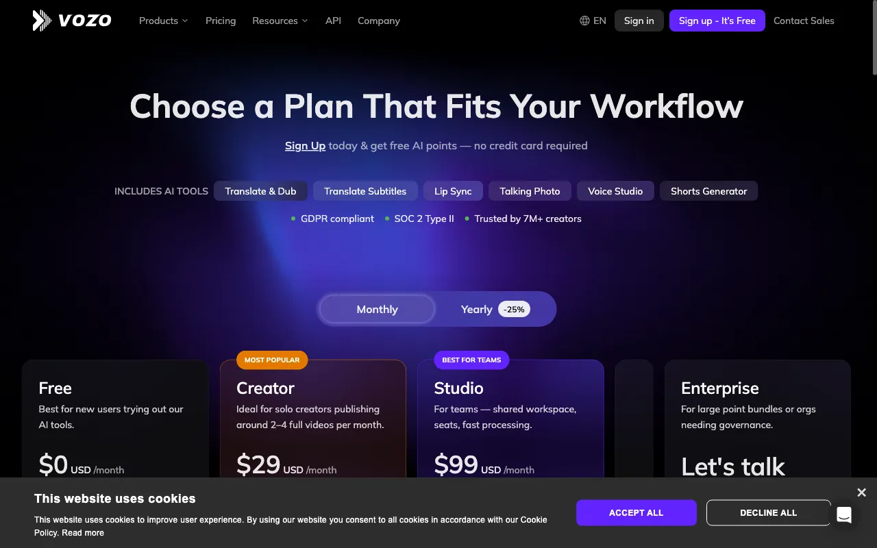 Vozo AI — pricing page