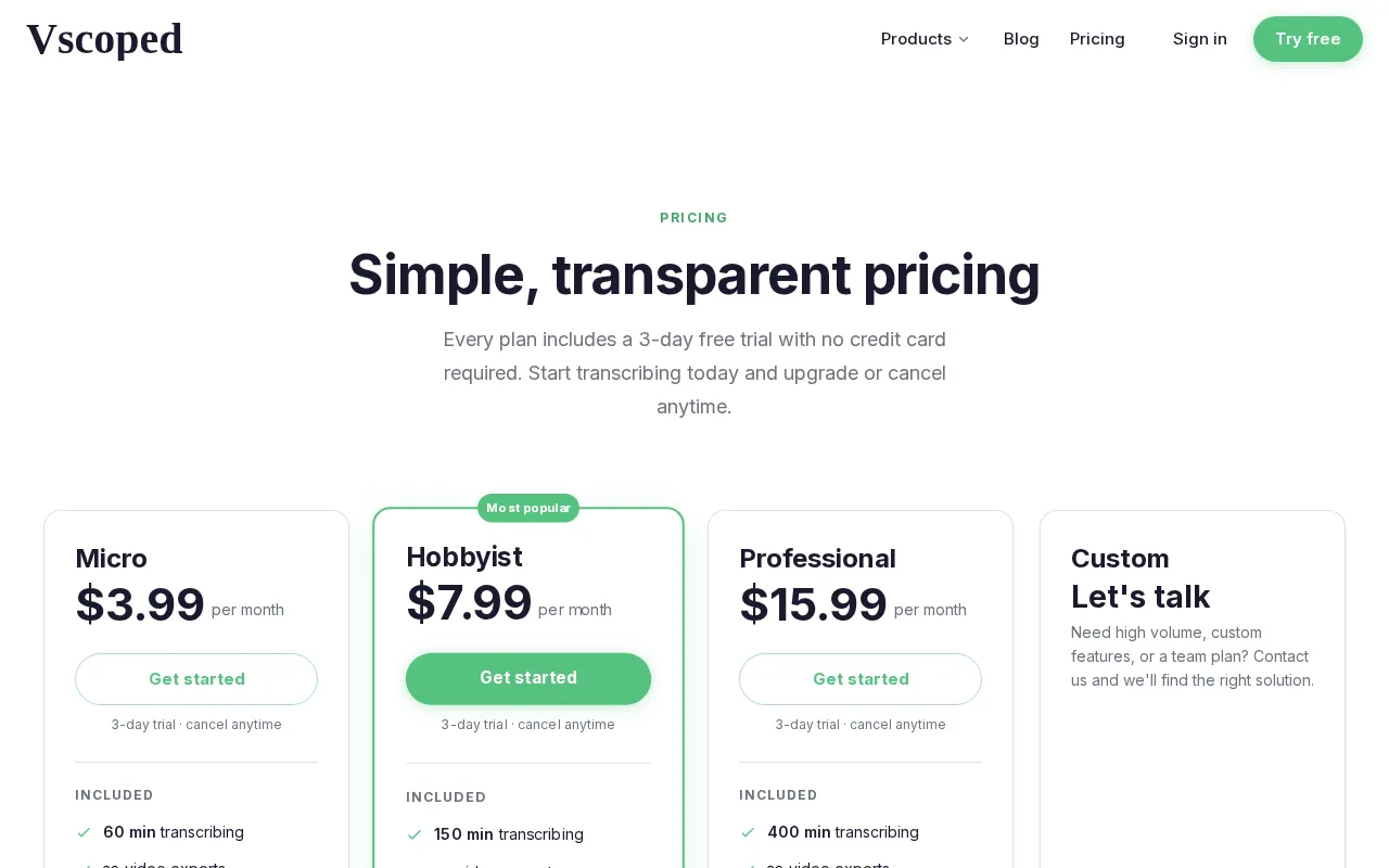 Vscoped — pricing page