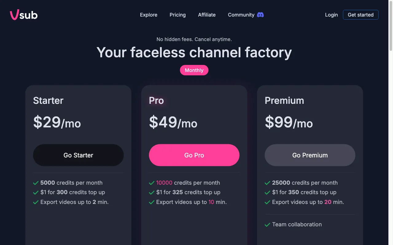 Vsub — pricing page