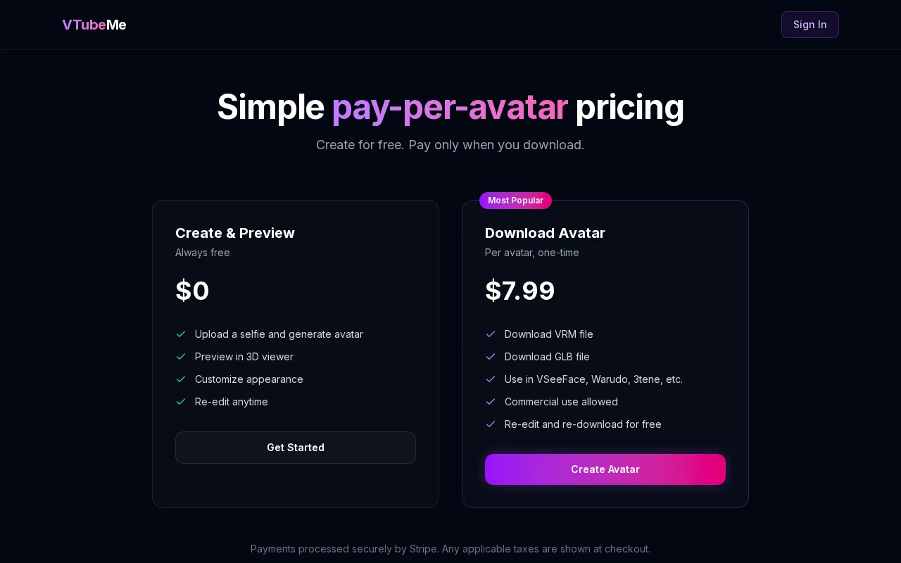 VTubeMe — pricing page