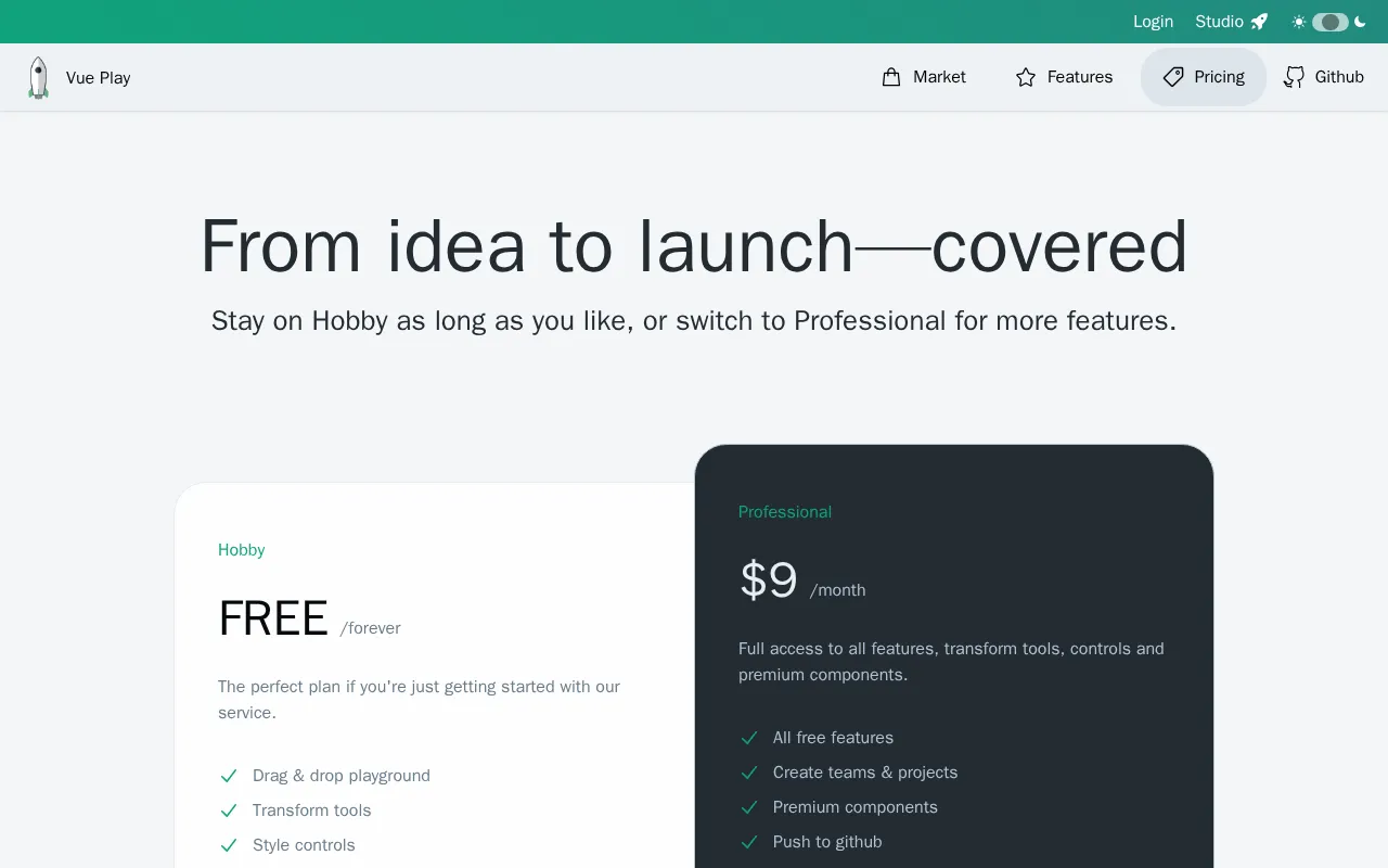 Vue Play — pricing page