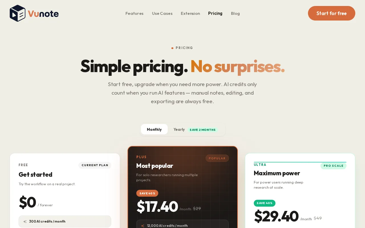 Vunote — pricing page
