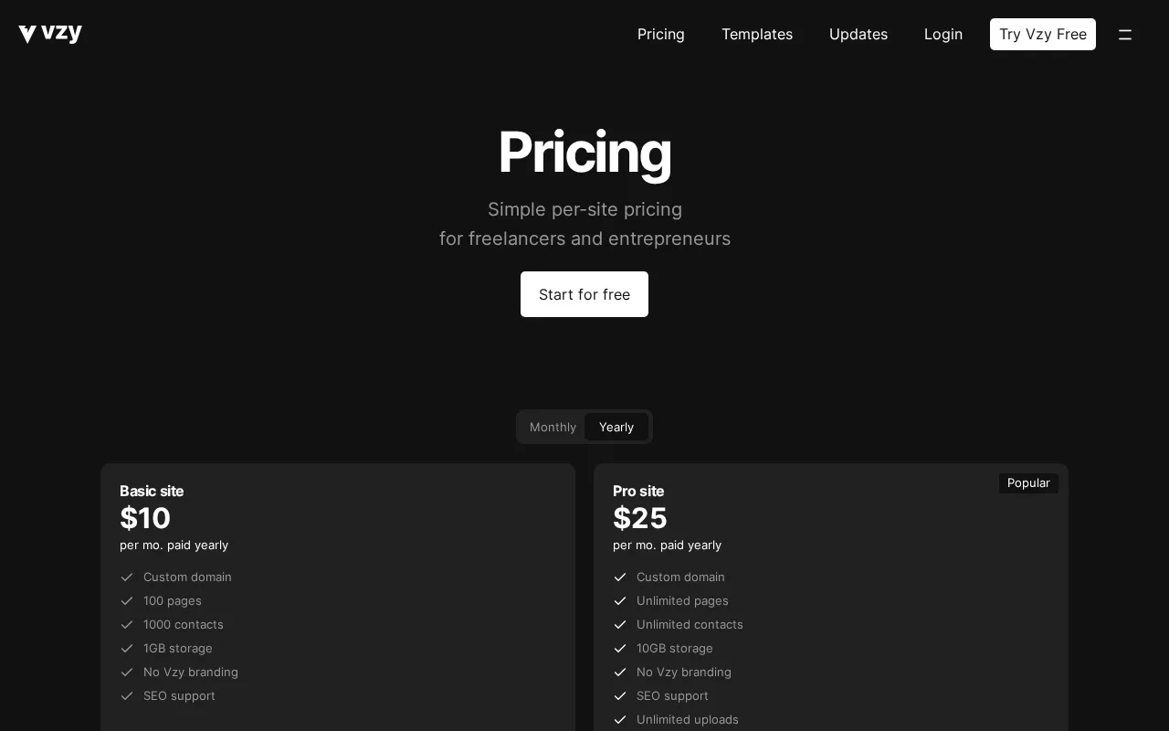 Vzy — pricing page