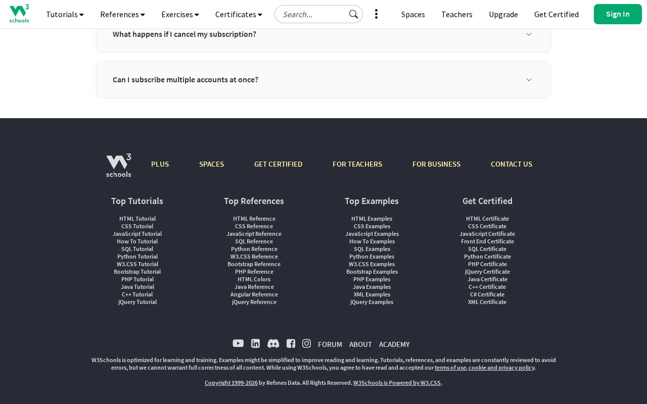 W3Schools — pricing page