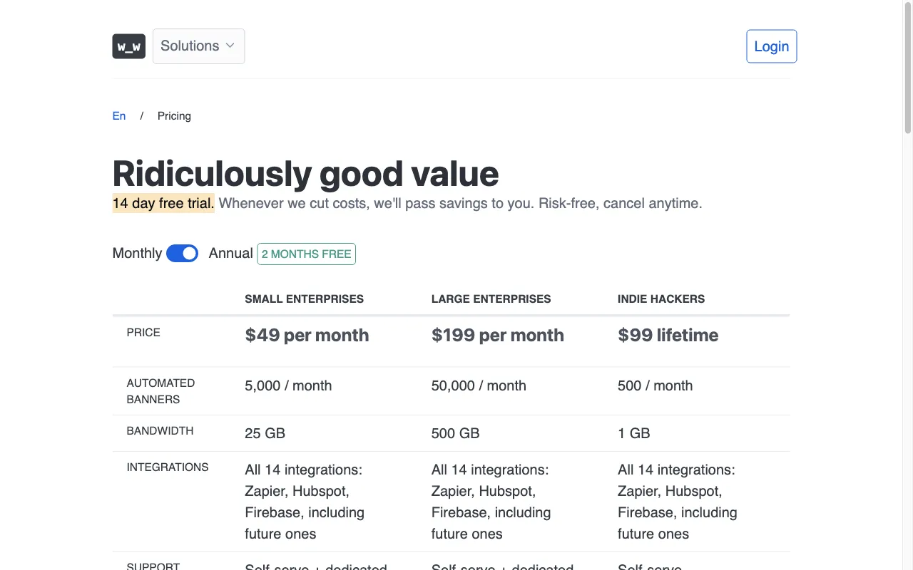 Wafrow. Landing pages on steroids — pricing page