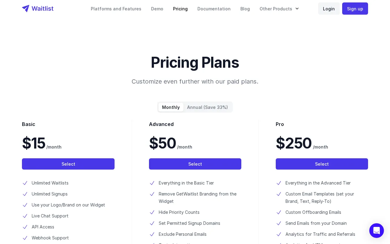 Waitlist API — pricing page