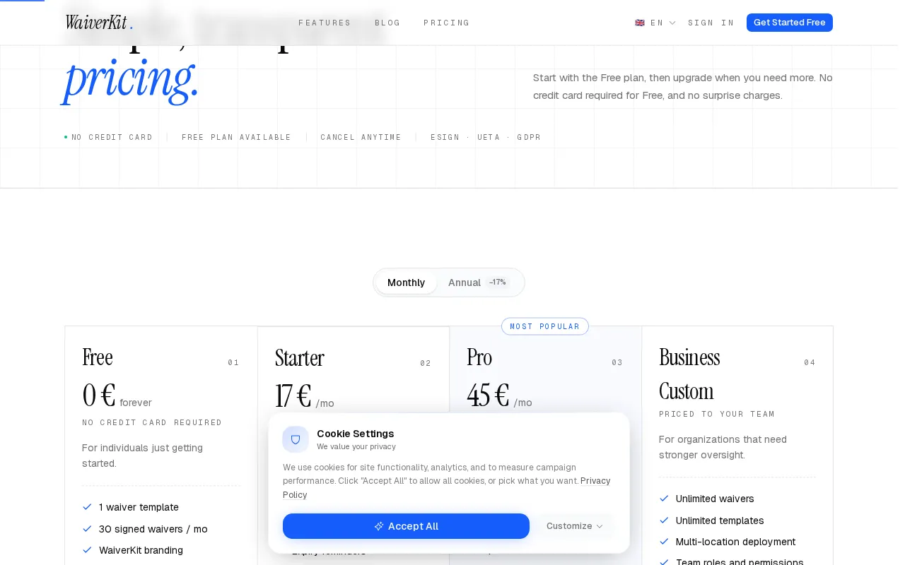 WaiverKit — pricing page