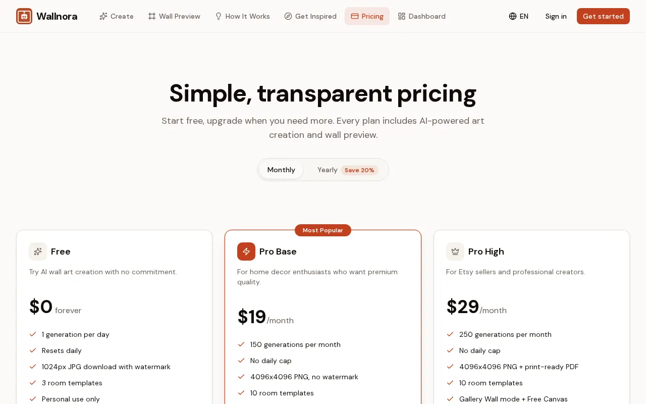 Wallnora — pricing page