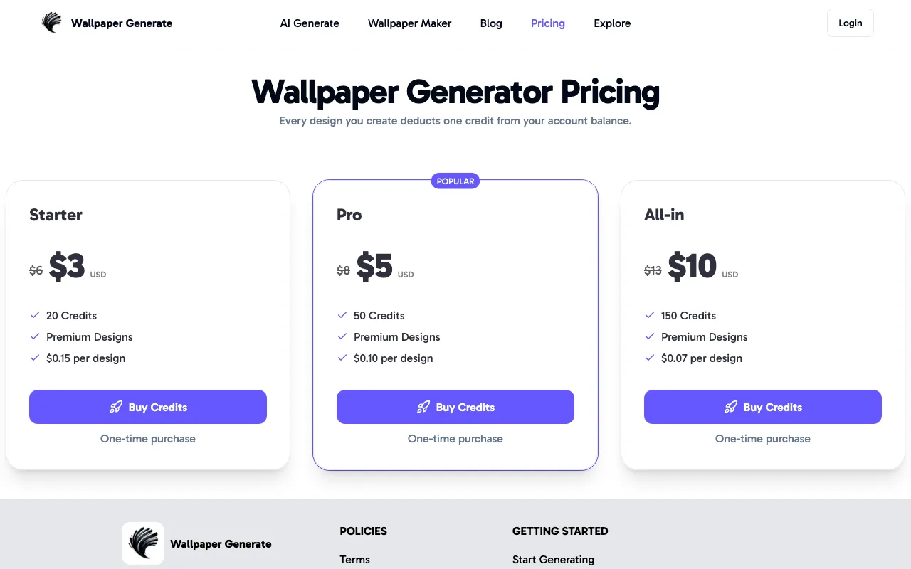 Wallpaper Generate — pricing page