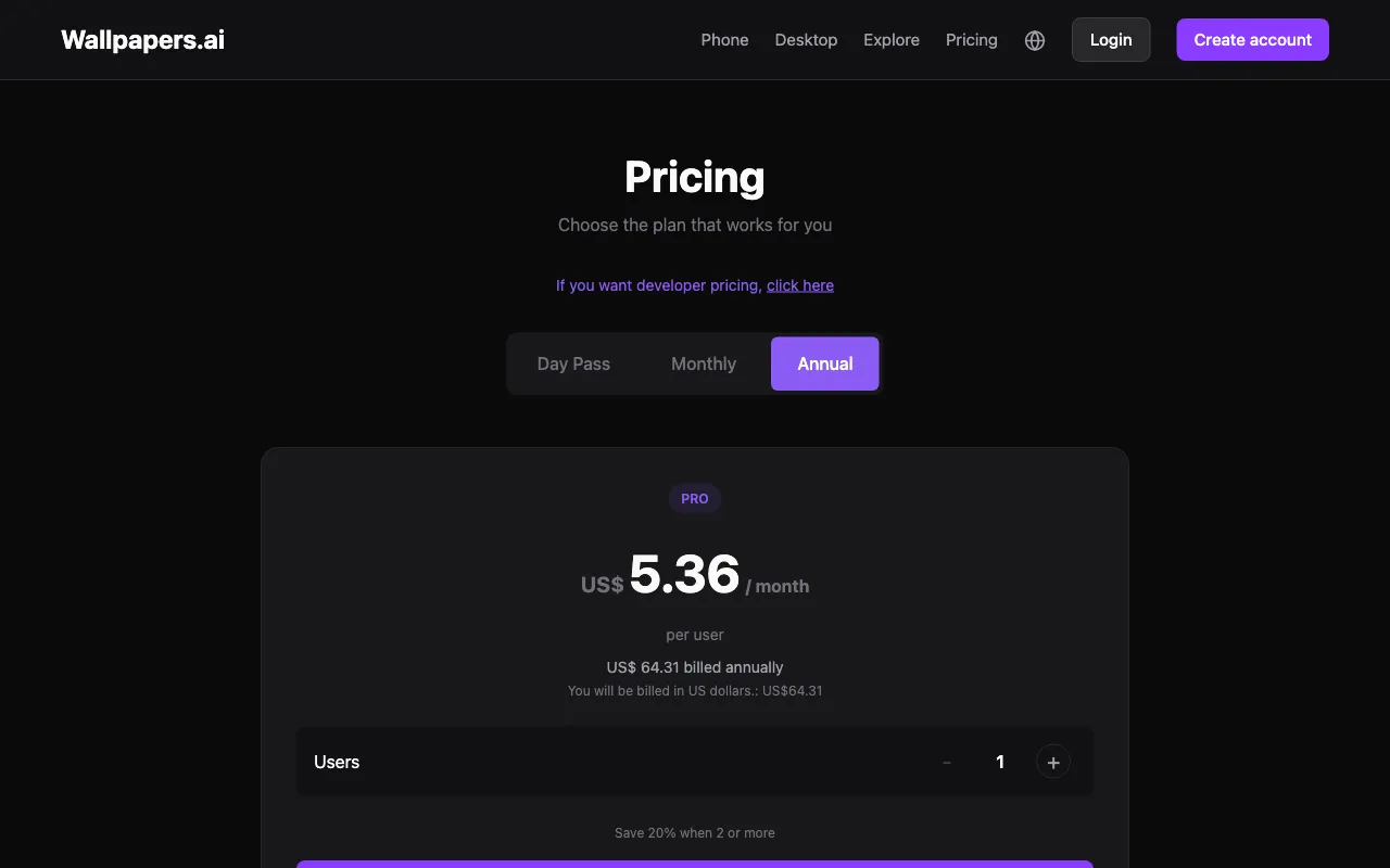 Wallpapers.ai — pricing page