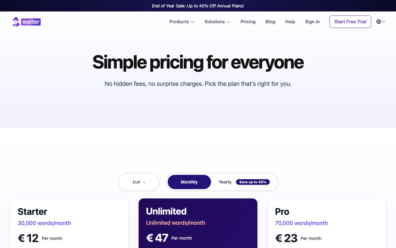 Walter AI — pricing page