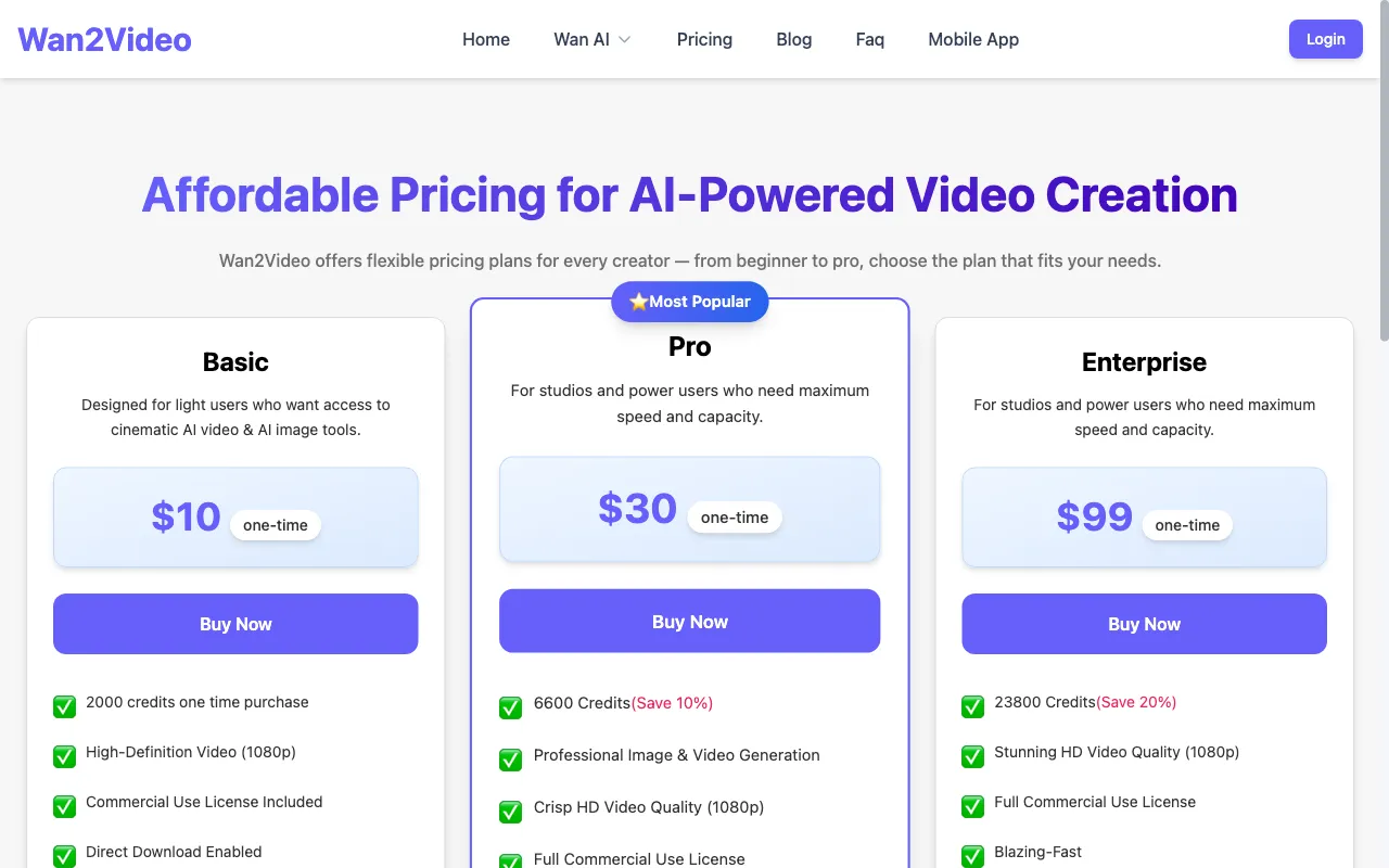 Wan2Video — pricing page
