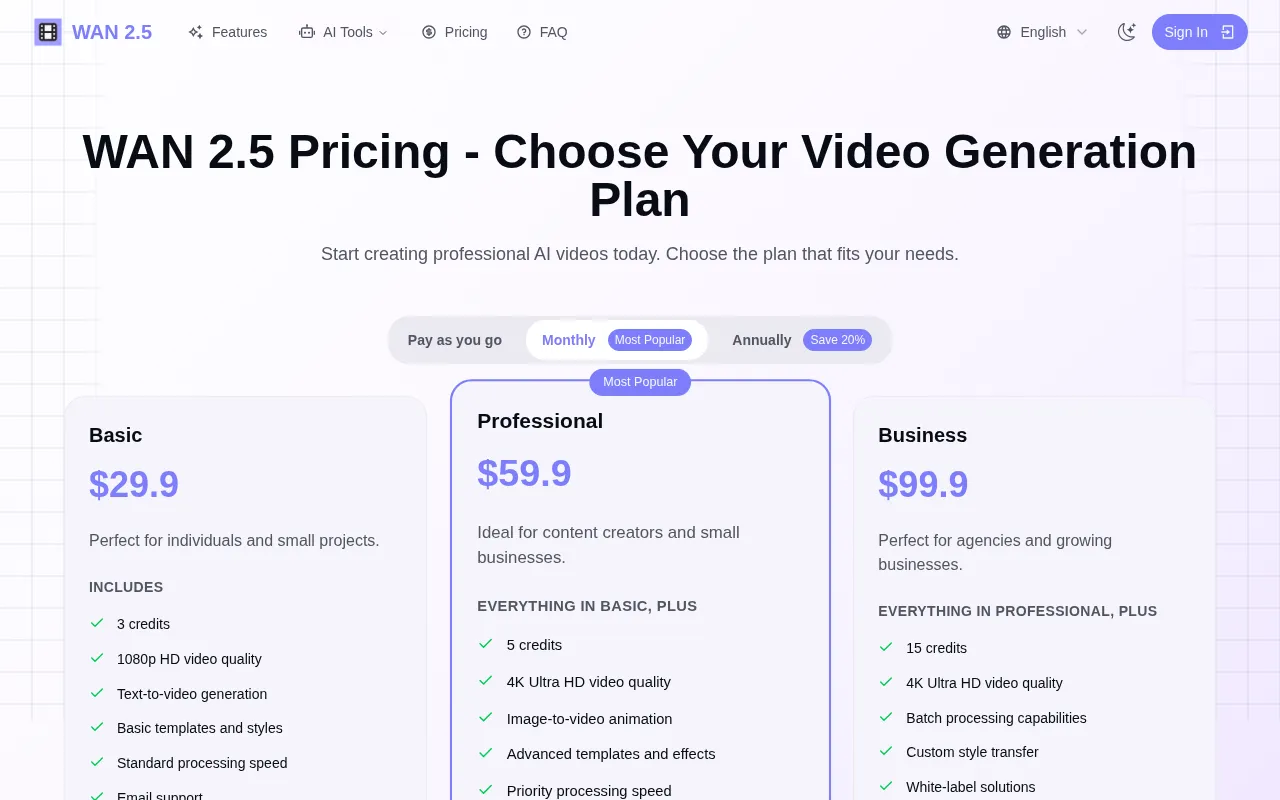 WAN 2.5 AI Video Generator — pricing page